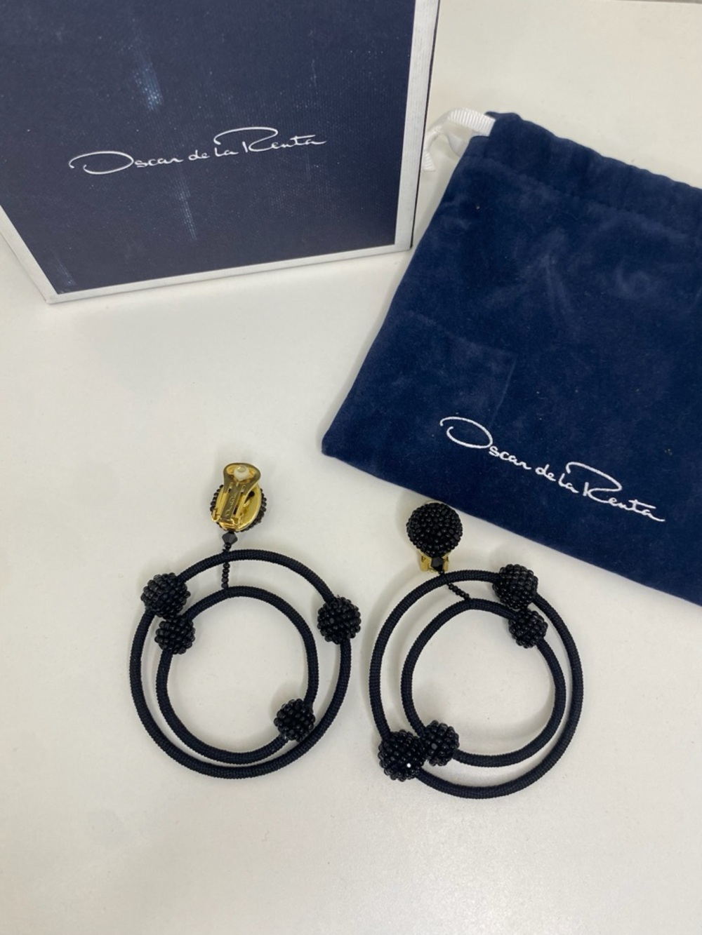 Oscar de la Renta Black Beaded Double Hoop Clip-On Earrings